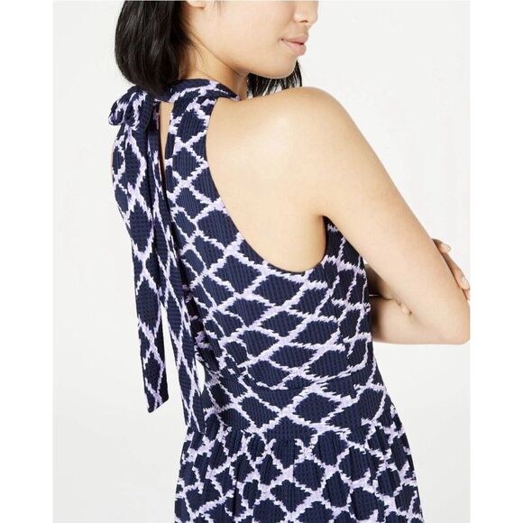 Michael Kors Jacquard Print Midi Halter Dress - Size Large - Navy Blue/ White - Picture 2 of 11